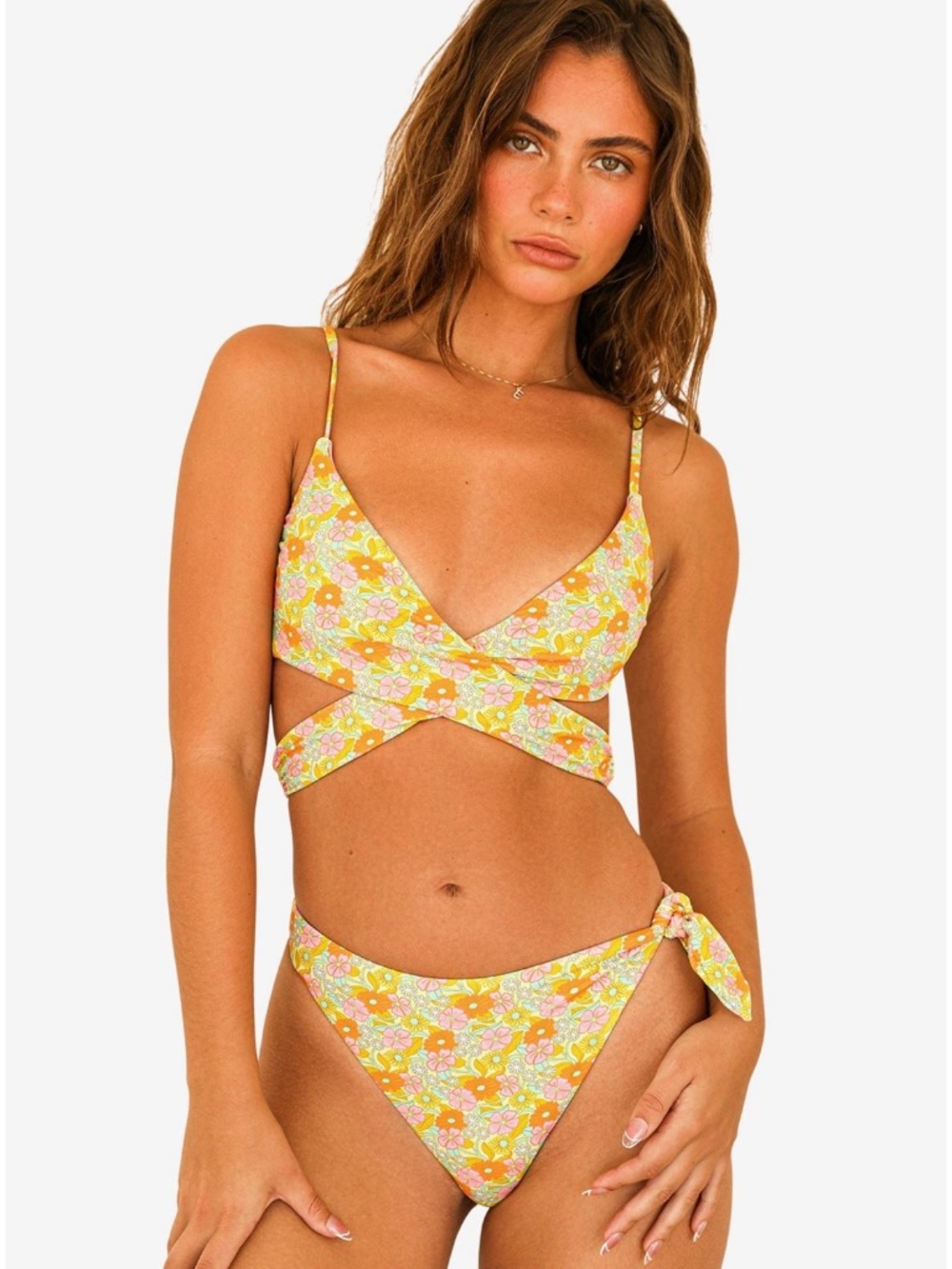 Dippin' Daisy's Pink Swim Astro Bottom Only with Yellow Edge Side Tie Floral